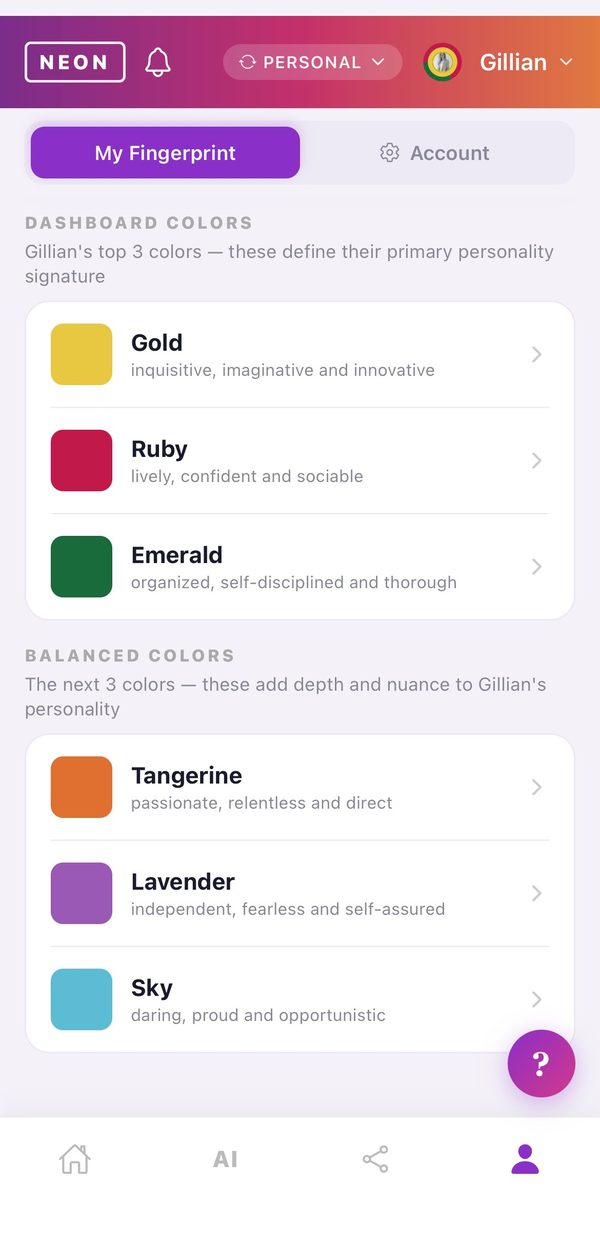 NEON ID app showing your dashboard and balanced personality colors