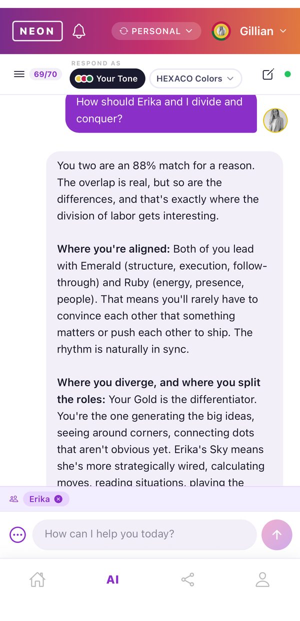 NEON ID AI answering with both personalities in mind