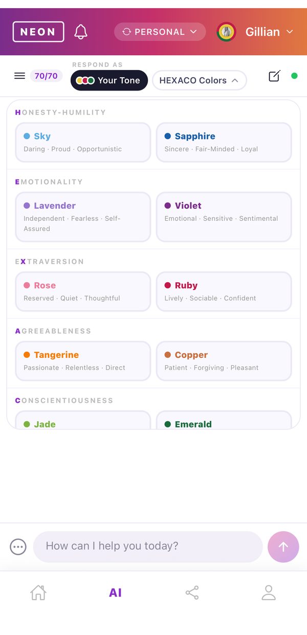 NEON ID AI with the HEXACO Colors lens picker open